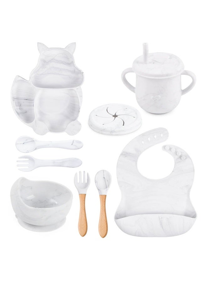 8 Pcs Baby Feeding Set, Food-grade Silicone Baby Tableware Set, Squirrel Baby Cutlery and Plates Set, Non-Slip Infant Dinnerware Set, Baby Self Feeding Utensils