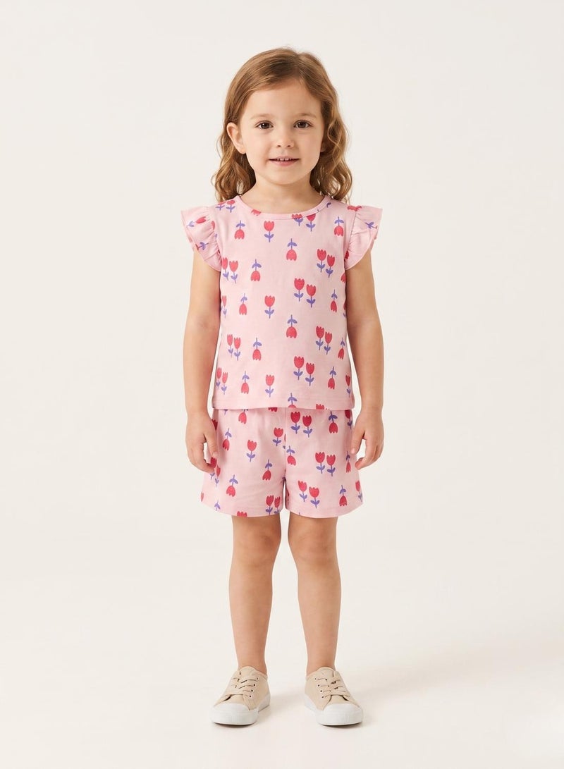 babyqlo Girls Pink Tulip Print Shorts Set - Image 1