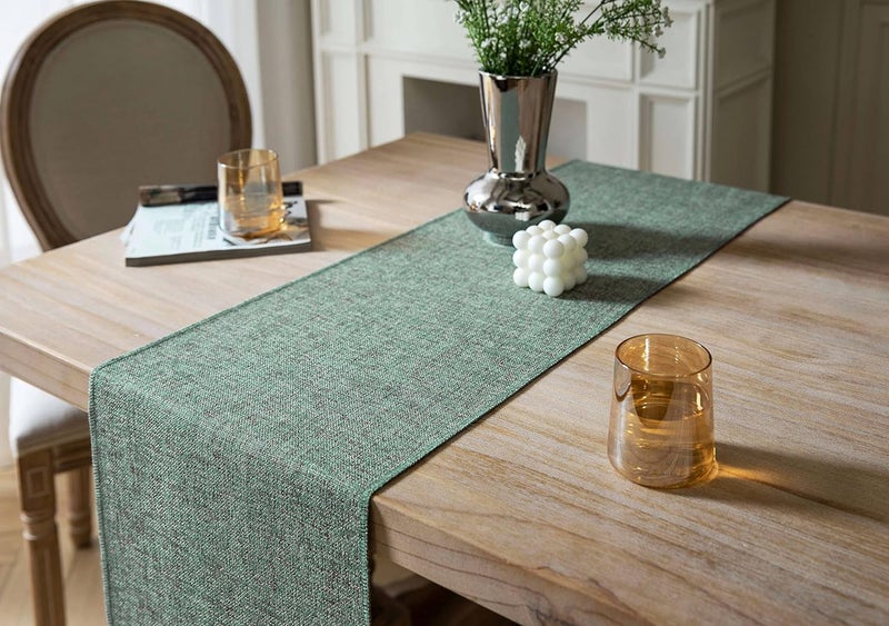 ZeeMart Rustic Table Runner with Handmade Tassels, Green Burlap Style Farmhouse Table Runners 36 Inches Long, Small Short Coffee Table Runner for Party Holiday Daily Use, 13x36 Inches, Mineral Green - Image 4