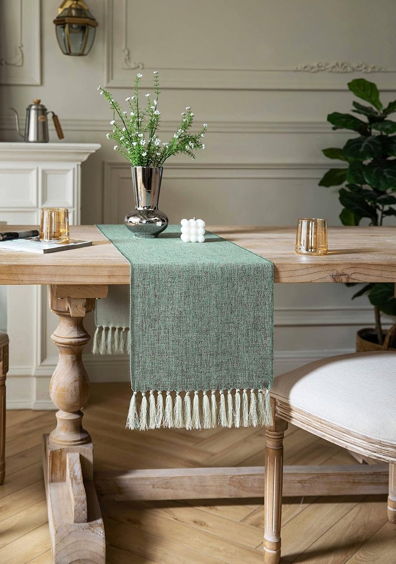 ZeeMart Rustic Table Runner with Handmade Tassels, Green Burlap Style Farmhouse Table Runners 36 Inches Long, Small Short Coffee Table Runner for Party Holiday Daily Use, 13x36 Inches, Mineral Green - Image 3