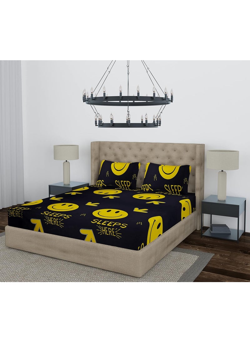 bevi BEVI - Home Super Fabric 144 TC Microfiber Bedsheet with Pillow Cover and Pillow Cover Size (18x28). (Double, Black Smile)  - Image 1