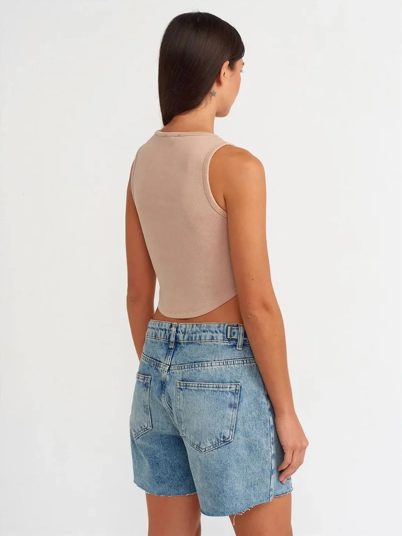 Dilvin Dilvin Women's Ribbed Crop Blouse With Buttons
