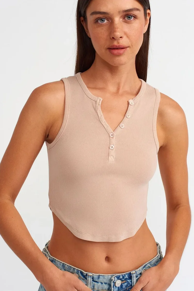 Dilvin DILVIN Women's Ribbed Crop Blouse With Buttons