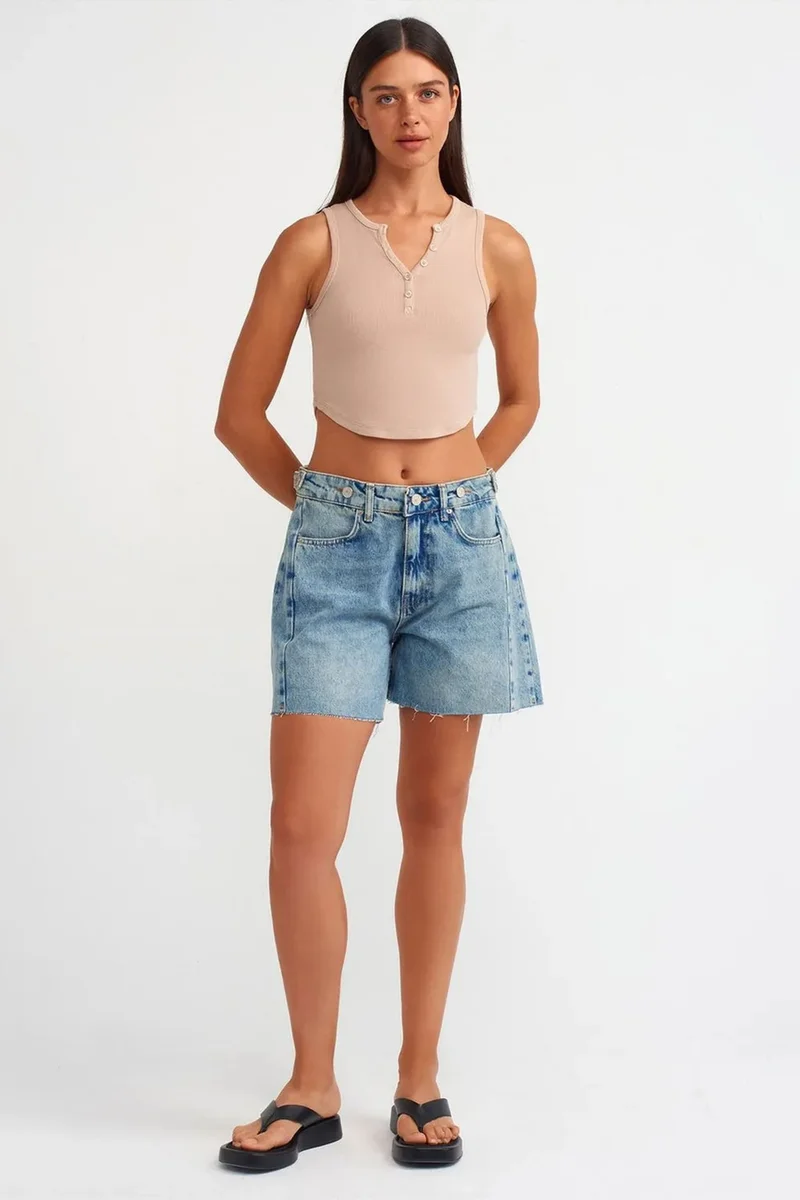 Dilvin Beige Natural DILVIN Women's Ribbed Crop Blouse With Buttons for Women | Best Price UAE
