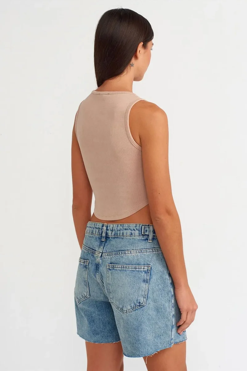 Dilvin DILVIN Women's Ribbed Crop Blouse With Buttons