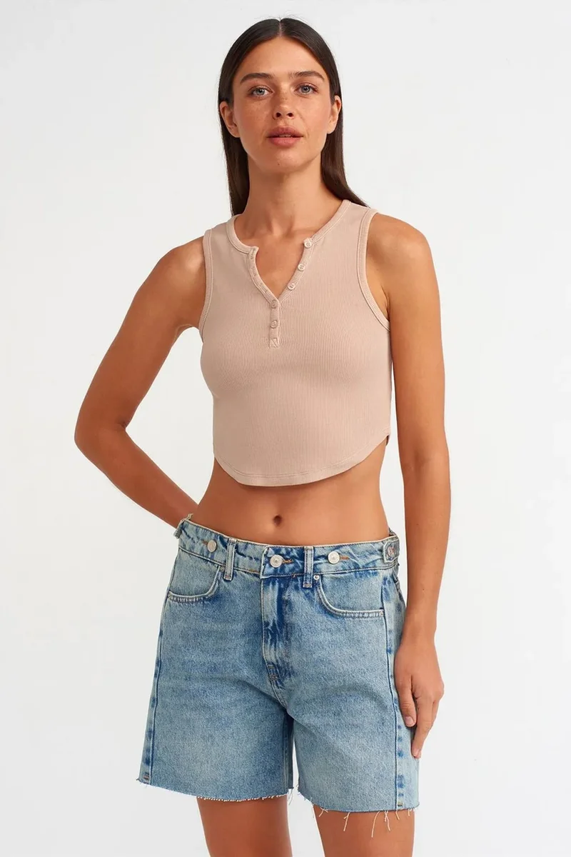 Dilvin Beige Natural DILVIN Women's Ribbed Crop Blouse With Buttons for Women | Best Price UAE