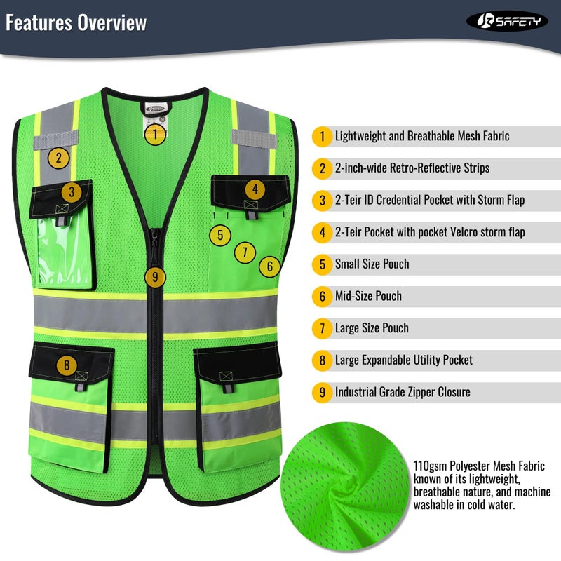 JKSafety سترات السلامة العاكسة عالية الوضوح للرجال والنساء مع جيوب - سترة شبكية للسلامة (220-أخضر L) - Image 4