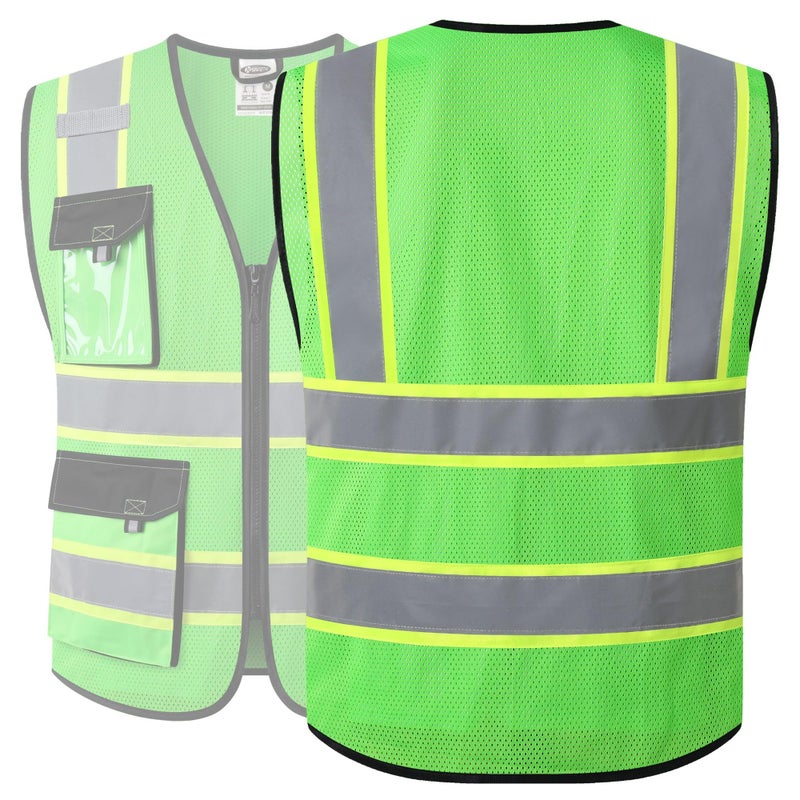 JKSafety سترات السلامة العاكسة عالية الوضوح للرجال والنساء مع جيوب - سترة شبكية للسلامة (220-أخضر L) - Image 5