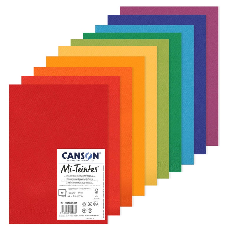 ورق رسم ملون CANSON MiTeintes 160gsm A4 عبوة مزدوجة الجوانب بتصميم خلية نحل حبيبات دقيقة 10 أوراق بألوان زاهية مثالية للفنانين المحترفين والرسامين