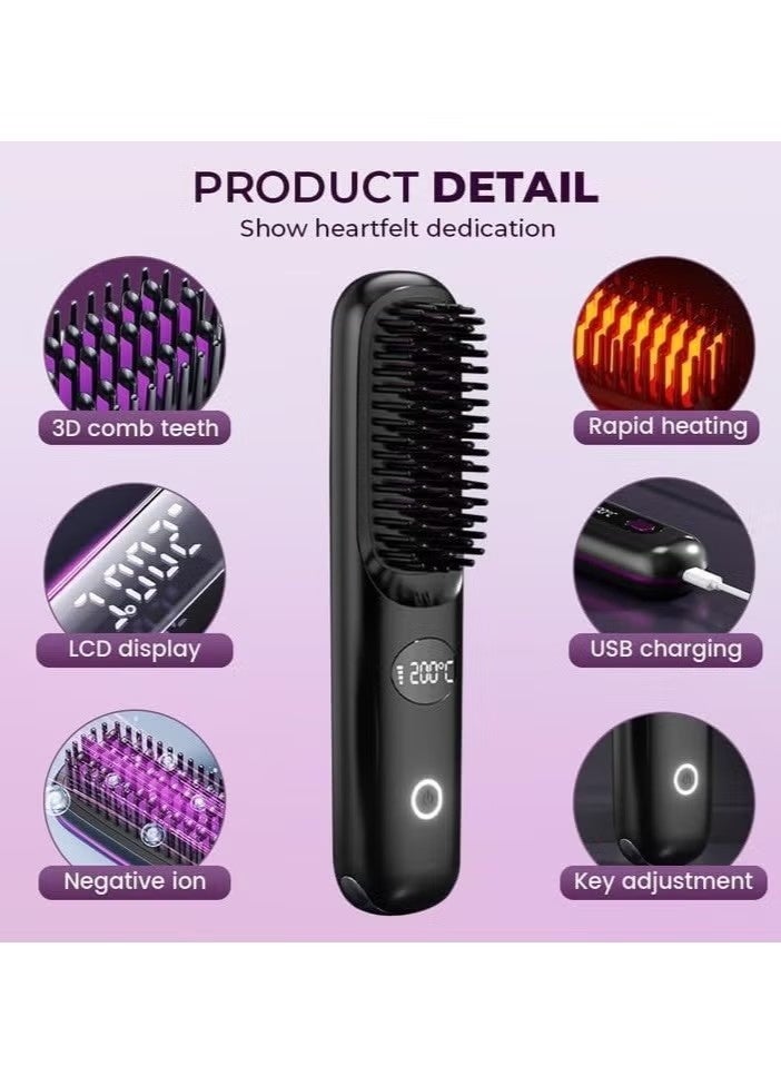 عام مجموعة مطورة الأكثر مبيعا فرشاة فرد شعر محمولة قابلة للشحن بشاشة LED مشط فرد صغير مضاد للحروق أداة شعر لاسلكية سريعة التسخين للسفر أسود - Image 3