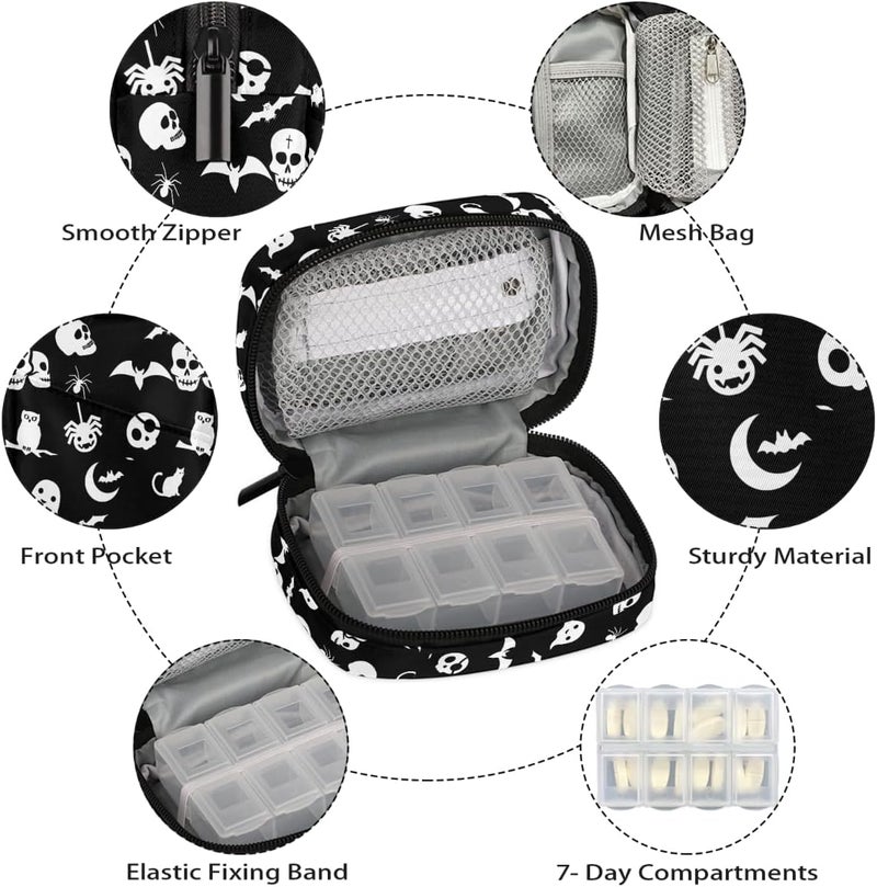 Skull Black Art Pill Case Travel Pill Organizer Weekly 7 Day Portable with Zipper Medicine Box Pill Case for Vitamins, Birth Control,Fish Oils,Medication, Supplements - Image 3