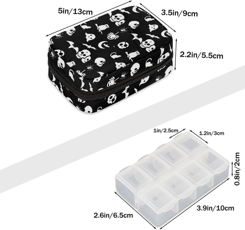 Skull Black Art Pill Case Travel Pill Organizer Weekly 7 Day Portable with Zipper Medicine Box Pill Case for Vitamins, Birth Control,Fish Oils,Medication, Supplements - Image 2