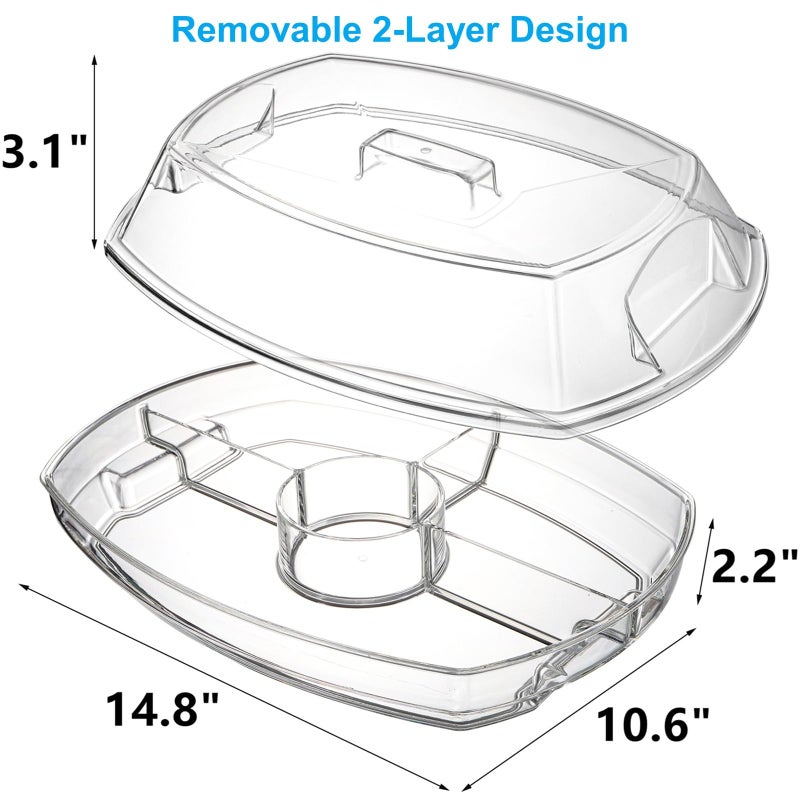 DEAYOU Ice Serving Tray for Party Food, Chilled Serving Platter Dish with 4 Compartments, 15" Flip-Lid Divided Serving Bowl for Appetizers, Fruits, Vegetables, Salads, Shrimp Cocktail, 2 Layers - Image 2