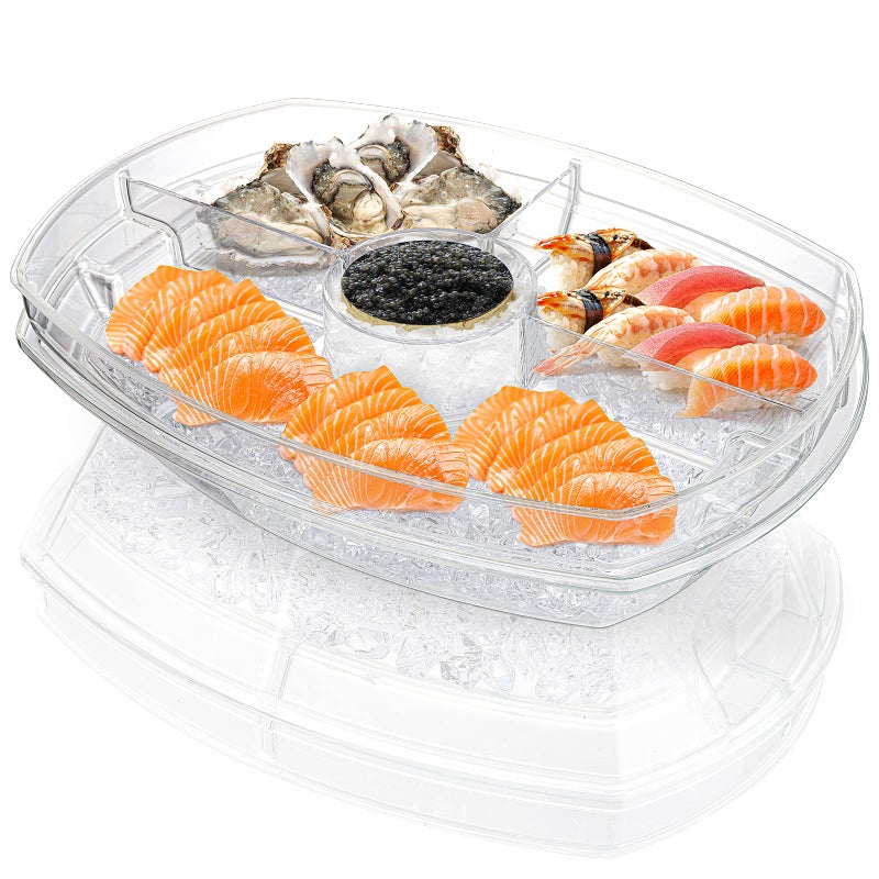 DEAYOU Ice Serving Tray for Party Food, Chilled Serving Platter Dish with 4 Compartments, 15" Flip-Lid Divided Serving Bowl for Appetizers, Fruits, Vegetables, Salads, Shrimp Cocktail, 2 Layers - Image 1