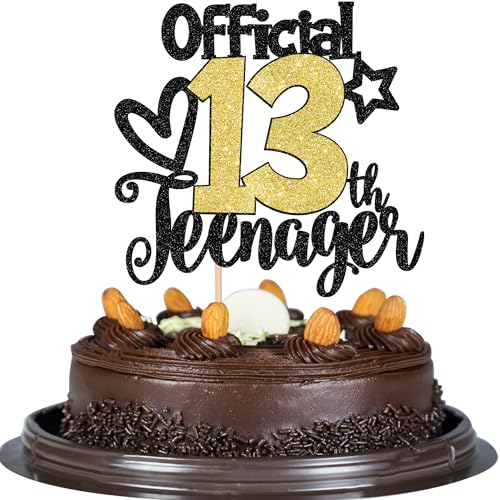 Rsstarxi 1 Pack Official Teenager 13th Birthday Cake Topper Glitter Cheers to 13 Year Old Cake Pick Number 13 Fabulous 13 Birthday Cake Decoration for Teens 13th Birthday Party Decorations Black Gold - Image 1