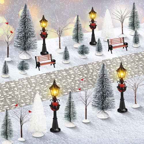 Hotop 28 Pcs Mini Artificial Christmas Village Tree Set Snow Christmas Pine Bare Branch Trees Xmas Street Lamp Post Miniature Park Bench Seat Cobblestone Street for DecorationDelicate - Image 1