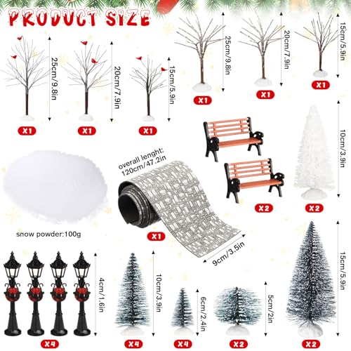 Hotop 28 Pcs Mini Artificial Christmas Village Tree Set Snow Christmas Pine Bare Branch Trees Xmas Street Lamp Post Miniature Park Bench Seat Cobblestone Street for DecorationDelicate - Image 3