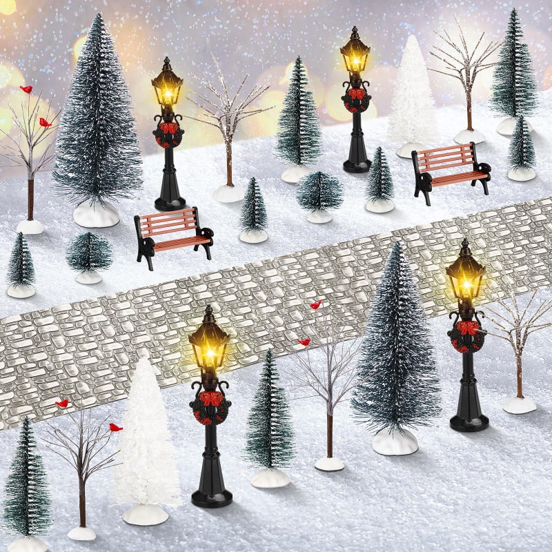Hotop 28 Pcs Mini Artificial Christmas Village Tree Set Snow Christmas Pine Bare Branch Trees Xmas Street Lamp Post Miniature Park Bench Seat Cobblestone Street for DecorationDelicate - Image 2