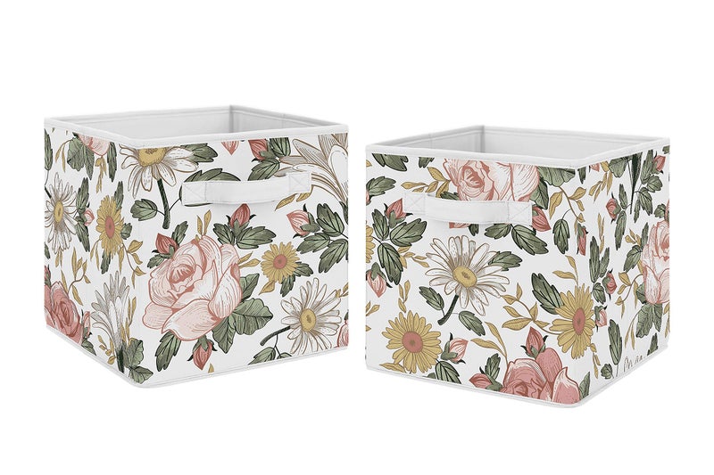 Sweet Jojo Designs Sweet Jojo Designs Vintage Floral Boho Foldable Fabric Storage Cube Bins Boxes Organizer Toys Kids Baby Childrens Set of 2 Blush Pink Yellow Green and White Shabby Chic Rose Flower Farmhouse