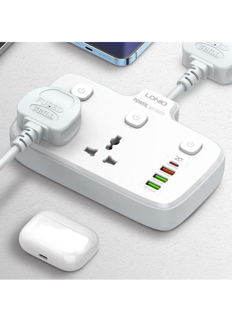 لدنيو مشترك كهرباء بـ4 منافذ USB ووصلة تمديد، بخاصية الحماية من التيار الزائد من لدنيو SC-2413 - لون ابيض - Image 2