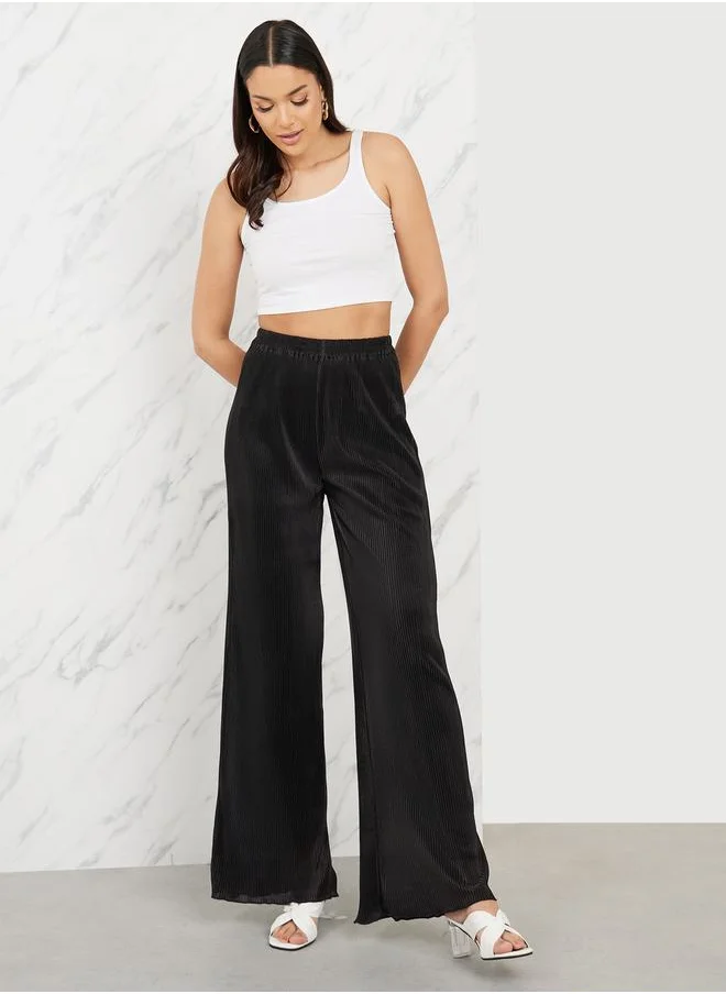 Styli Sheer Plisse High Rise Wide Leg Pants with Elastic Waistband