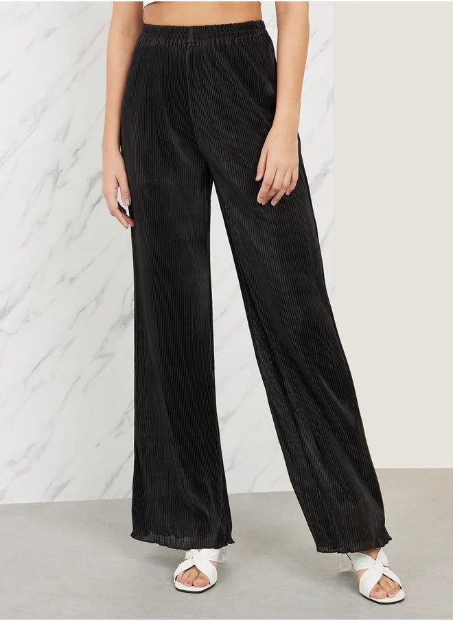 Styli Sheer Plisse High Rise Wide Leg Pants with Elastic Waistband