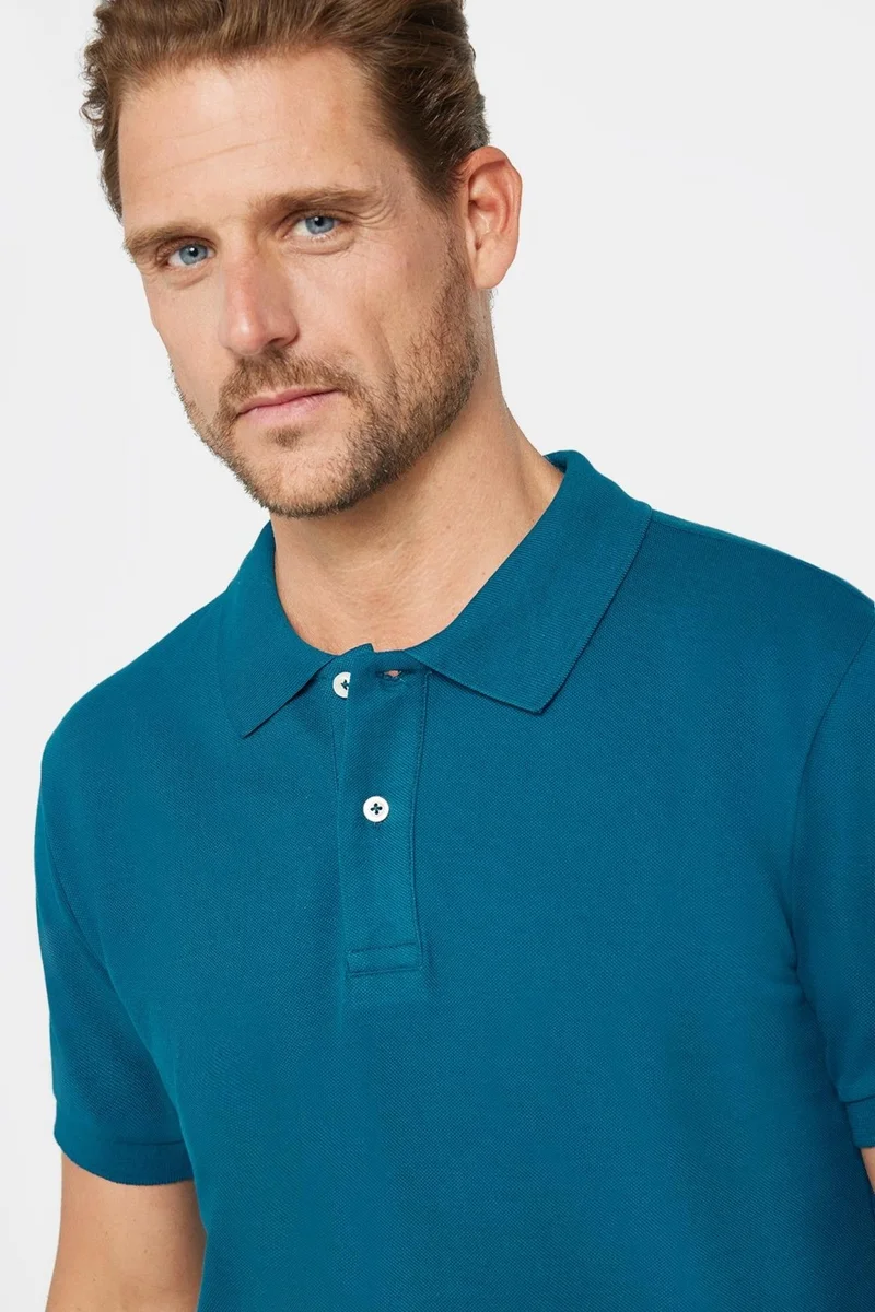 تودورس Men's Slim Fit Narrow Cut 100% Cotton Plain Pique Petrol Blue Polo Collar T-Shirt