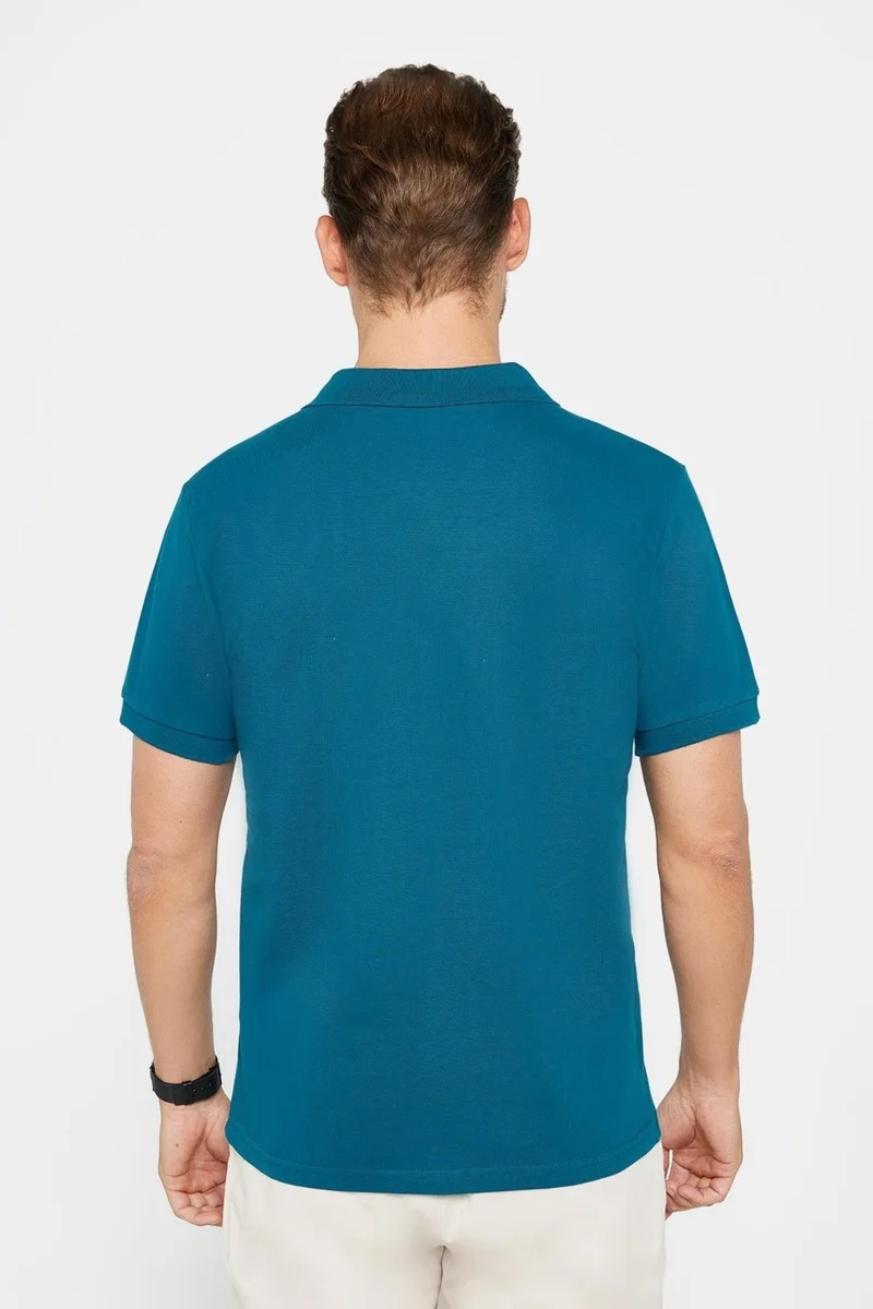 تودورس Men's Slim Fit Narrow Cut 100% Cotton Plain Pique Petrol Blue Polo Collar T-Shirt