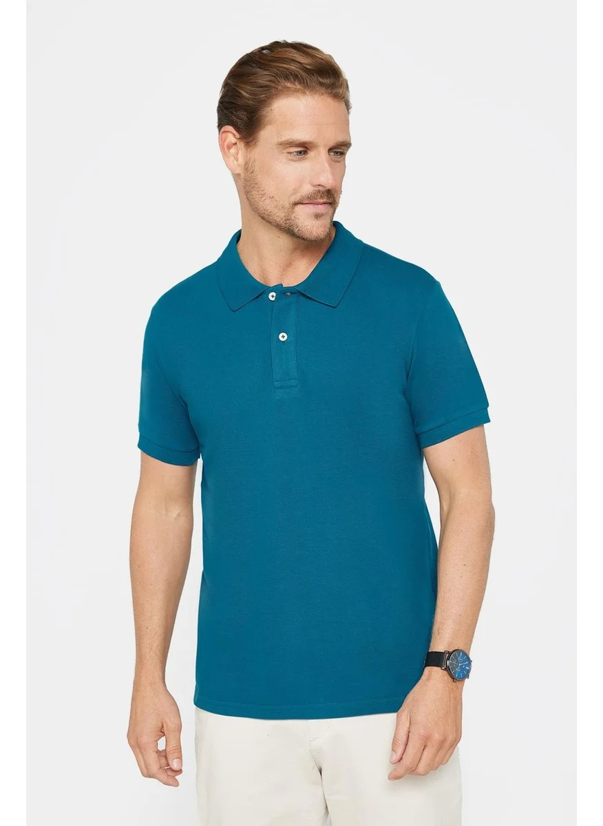 Tudors Men's Slim Fit Narrow Cut 100% Cotton Plain Pique Petrol Blue Polo Collar T-Shirt