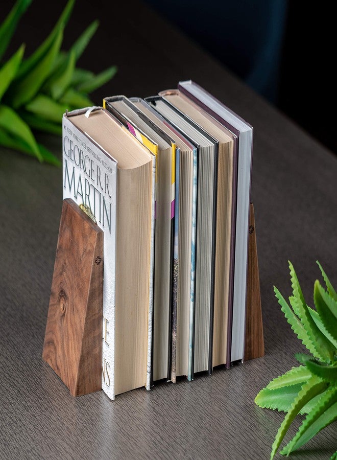 TILISMA Book Ends for Shelves - Handmade Wooden Bookends with Metal Base, Walnut Tree - Sturdy Book Holders for Heavy Books - Fancy Modern Decorative Book Accessories to Hold Books Firmly on Bookshelf - Image 3