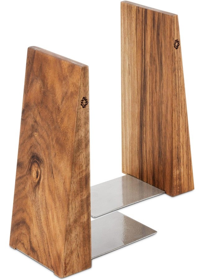 TILISMA Book Ends for Shelves - Handmade Wooden Bookends with Metal Base, Walnut Tree - Sturdy Book Holders for Heavy Books - Fancy Modern Decorative Book Accessories to Hold Books Firmly on Bookshelf - Image 1