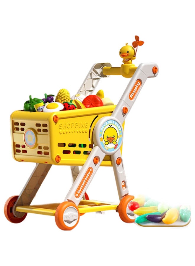 Xst Children'S Pretend Play Toy, Large Shopping Cart, Yellow Duck Supermarket Trolley, Fruit And Vegetable Cutting Set, Birthday Gift For Girls - Image 1