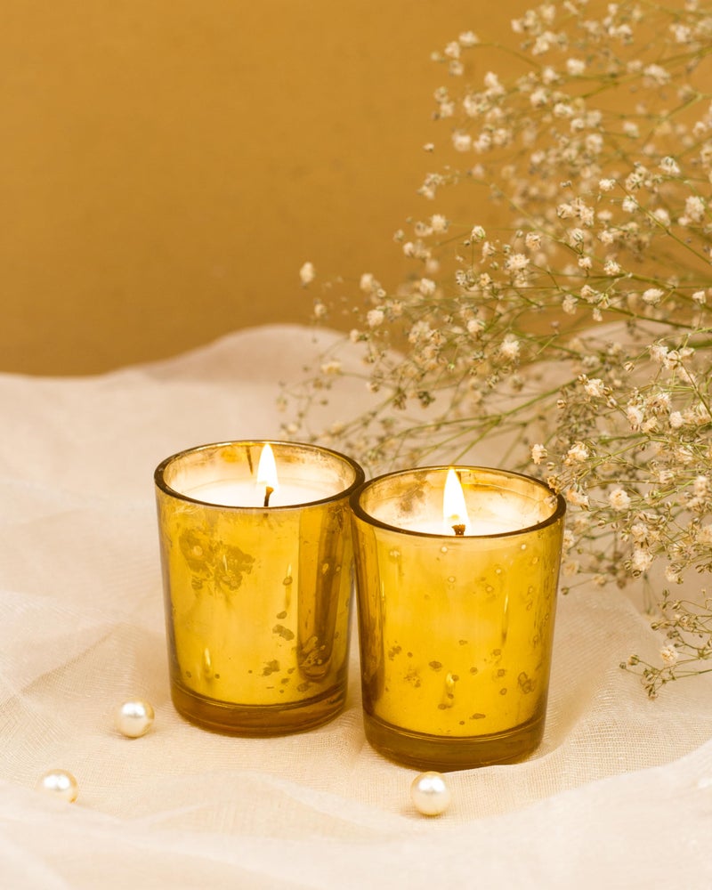 AURA DECOR AuraDecor Golden Mercury Votive Glass Candle || Jasmine Fragrance || Aromatheraphy || Corporate Gifting || Aroma Gift Set || Hand Poured Candle || Burn Upto 10 Hour (Set of 2) - Image 1