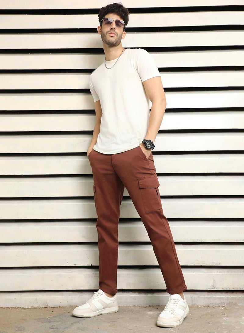 HIGH STAR Men’s Slim Fit Easy Wash Trousers in Brown with Mid-Rise Button Closure  - Image 1
