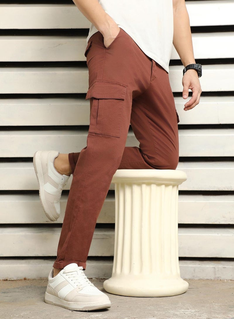 HIGH STAR Men’s Slim Fit Easy Wash Trousers in Brown with Mid-Rise Button Closure  - Image 2