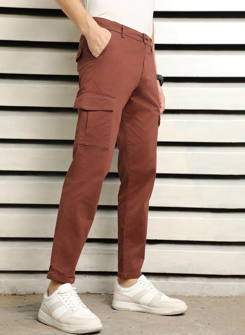 HIGH STAR Men’s Slim Fit Easy Wash Trousers in Brown with Mid-Rise Button Closure  - Image 3