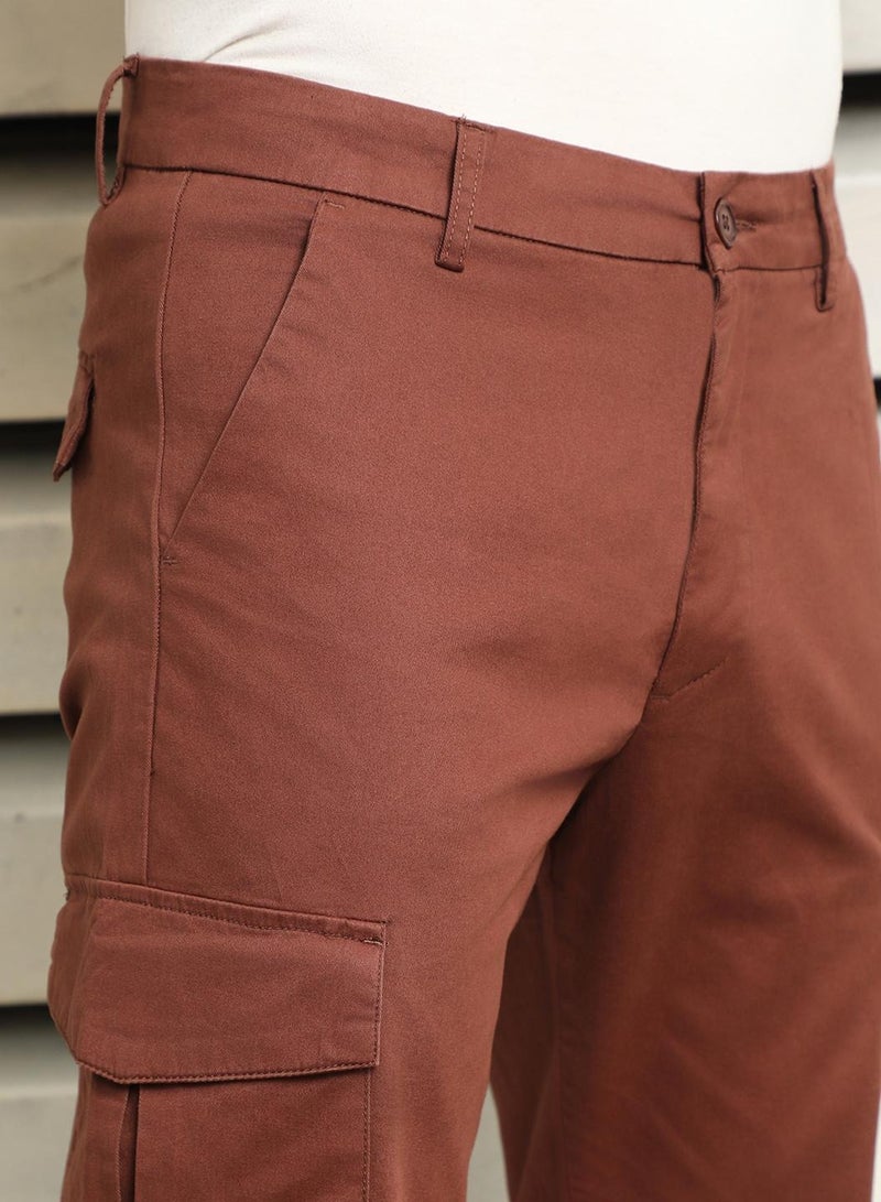 HIGH STAR Men’s Slim Fit Easy Wash Trousers in Brown with Mid-Rise Button Closure  - Image 5