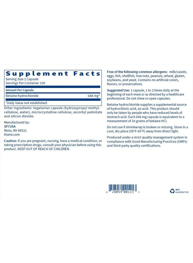 Klaire Labs Betaine HCl 648mg - Hypoallergenic Betaine Supplement to Support Digestion & Nutrient Absorption - Gluten-Free, Corn-Free (100 Capsules) - Image 2