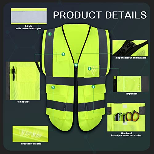 JaGely 15 Pack Reflective Safety Vests with Pockets and Zipper Construction Work High Visibility Vest for Men Women(Large,Fluorescent Green) - Image 3
