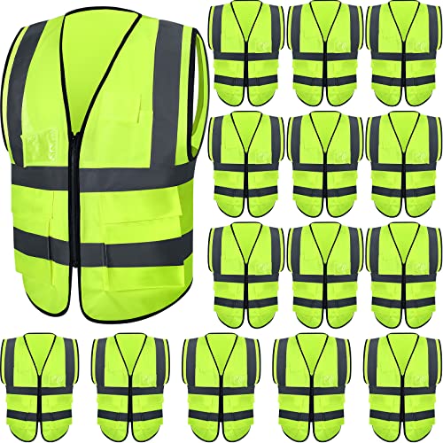 JaGely 15 Pack Reflective Safety Vests with Pockets and Zipper Construction Work High Visibility Vest for Men Women(Large,Fluorescent Green) - Image 1