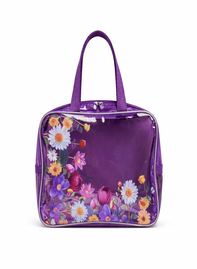 NOBLEUX Transparent Floral Travel Cosmetic Organizer Bag for Women | Waterproof PVC Makeup & Toiletry Storage Pouch with Zipper & Handle | Multipurpose Travel Wash Bag (Purple) - Image 1