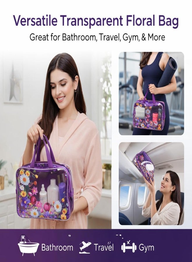 NOBLEUX Transparent Floral Travel Cosmetic Organizer Bag for Women | Waterproof PVC Makeup & Toiletry Storage Pouch with Zipper & Handle | Multipurpose Travel Wash Bag (Purple) - Image 3