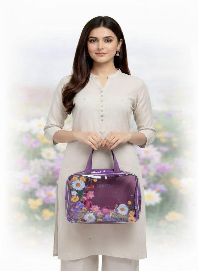NOBLEUX Transparent Floral Travel Cosmetic Organizer Bag for Women | Waterproof PVC Makeup & Toiletry Storage Pouch with Zipper & Handle | Multipurpose Travel Wash Bag (Purple) - Image 4