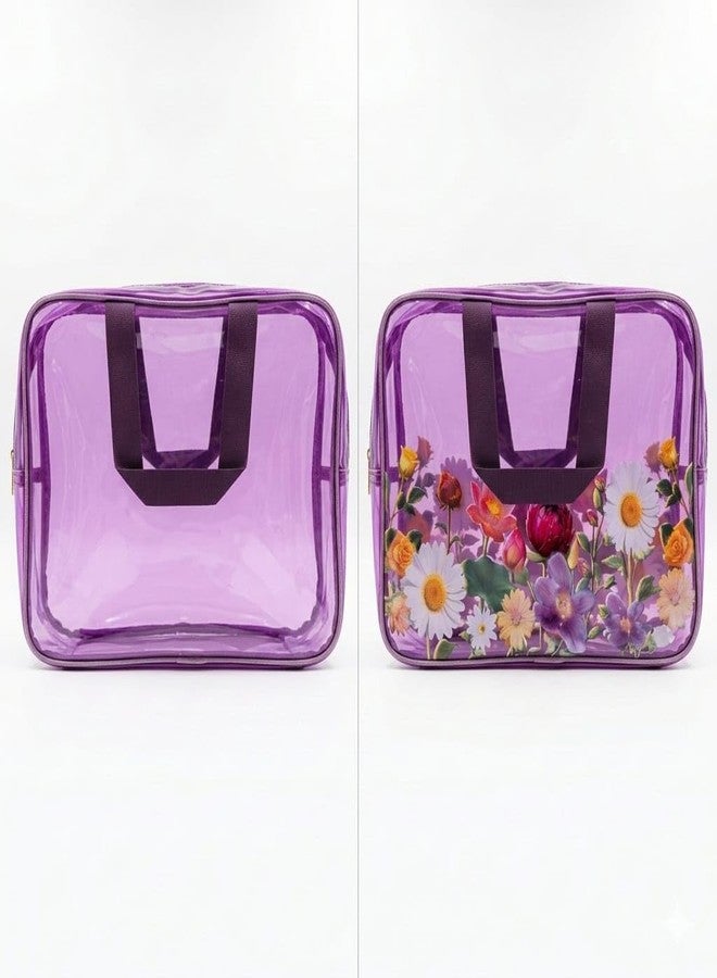 NOBLEUX Transparent Floral Travel Cosmetic Organizer Bag for Women | Waterproof PVC Makeup & Toiletry Storage Pouch with Zipper & Handle | Multipurpose Travel Wash Bag (Purple) - Image 2