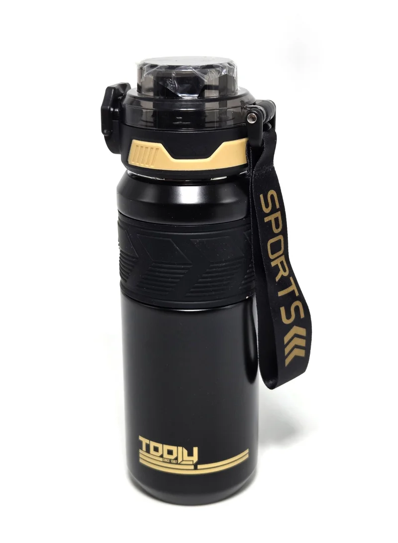 Tooly 650ml Stainless Steel Vacuum Insulated Sports Water Bottle Flask with Straw Lid & Carrying Strap – 304 Food-Grade Double Wall Hot (12h) & Cold (24h) Travel Tumbler, BPA Free, Leak-Proof (Black & Gold)