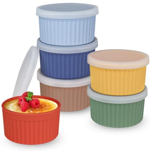 Koluti Nonstick Silicone Ramekins 8oz Set of 6, Creme Brulee Souffle Oven Safe Bowls with Lids, Pudding Dessert Baking Cups Ice Cream Snack Food Storage Container, BPA Free, Microwave, Freezer, Dishwasher Safe - Image 1