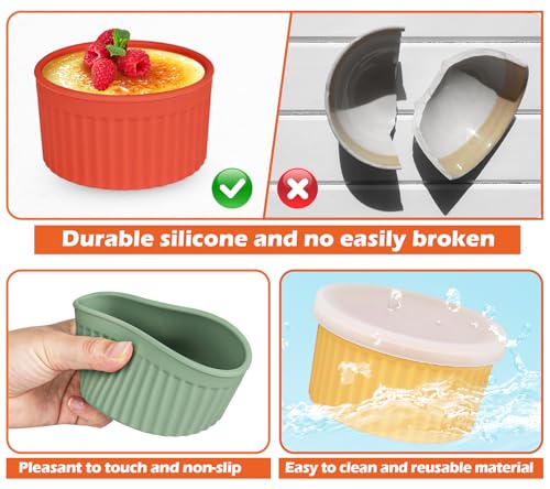 Koluti Nonstick Silicone Ramekins 8oz Set of 6, Creme Brulee Souffle Oven Safe Bowls with Lids, Pudding Dessert Baking Cups Ice Cream Snack Food Storage Container, BPA Free, Microwave, Freezer, Dishwasher Safe - Image 5