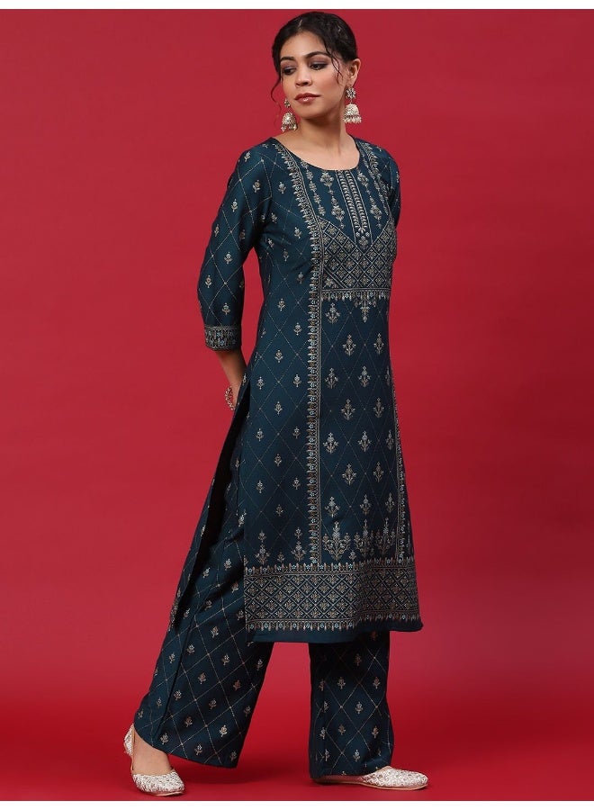 AKS Teal Blue & Gold Printed Kurta & Palazzo With Dupatta Set  - Image 4