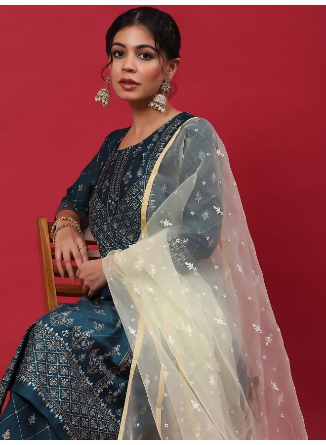 AKS Teal Blue & Gold Printed Kurta & Palazzo With Dupatta Set  - Image 2