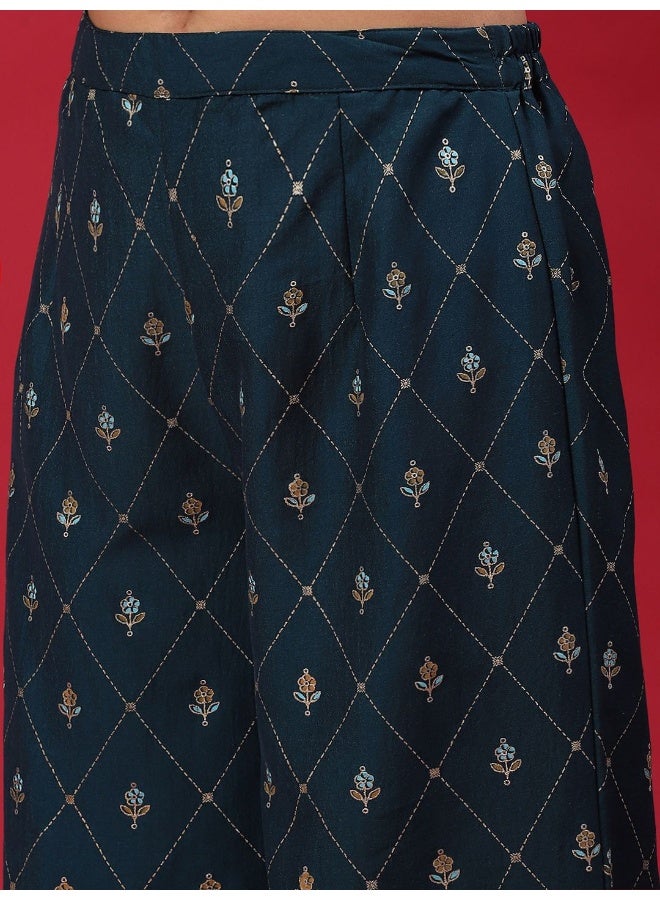 AKS Teal Blue & Gold Printed Kurta & Palazzo With Dupatta Set  - Image 3
